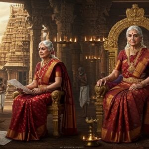 A majestic elderly Indian queen with silver-streaked hair, adorned in a rich maroon Chola-style silk saree with golden zari borders, seated on an ornate bronze throne in a grand 10th-century Chola temple corridor. Her face shows wisdom and determination, wearing traditional Chola-period gold jewelry including temple jewelry headpiece and nettipattam. The scene splits diagonally - one half shows her overseeing temple construction with architectural plans and sculptors at work, the other half depicts her in royal court with ministers. The temple architecture features authentic Chola-era details with towering vimanas, stone pillars with intricate carvings, and bronze Nataraja statues. Soft golden light filters through temple windows, creating dramatic shadows. The art style combines hyperrealistic digital painting with traditional Tanjore art elements, featuring rich jewel tones of deep maroon, antique gold, and royal blue. Multiple bronze oil lamps cast a warm glow, highlighting the intricate temple sculptures and architectural details. The background shows glimpses of the magnificent Brihadeeswara Temple under construction.