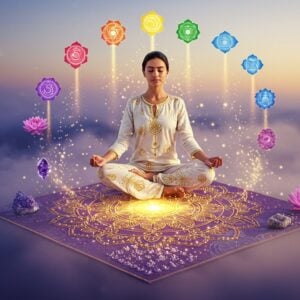A serene Indian woman in lotus position floating above a beautifully detailed purple and gold Shakti mat, surrounded by a soft ethereal glow. The mat's acupressure spikes form intricate mandala patterns that radiate golden energy. Around her, seven rotating chakra symbols in their respective colors (red, orange, yellow, green, blue, indigo, violet) emit gentle light streams. She wears a flowing white yoga outfit with gold accents. Her face shows peaceful meditation with a subtle smile. The background features a misty gradient from deep indigo to soft lavender, with delicate sacred geometry patterns. Floating lotus flowers and healing crystals (amethyst, rose quartz, clear quartz) orbit around her. Small particles of golden light rise from the Shakti mat, creating an aura of healing energy. The scene combines photorealistic rendering with ethereal Indian artistic elements, emphasizing both modern wellness and traditional healing. Soft depth of field with the woman and mat in sharp focus. Lighting is dramatic yet soothing, with emphasis on the golden hour glow.