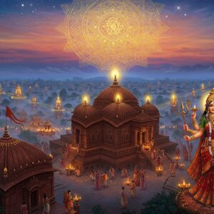 A majestic aerial view of a sacred Shakti Peeth temple complex at twilight, with a massive golden mandala floating in the cosmic sky above. The temple architecture features intricate Bengali-style curved roofs and spires adorned with traditional Madhubani patterns. In the foreground, Goddess Sati's divine form radiates ethereal light, depicted with four arms holding a lotus, trident, drum, and blessing mudra, wearing a rich crimson silk saree with gold embroidery. Sacred yantra patterns and floating lotus flowers emerge from a mystical mist surrounding the temple. Multiple streams of divine energy in saffron, deep blue, and gold connect the temple to other illuminated Shakti Peethas visible in the distant horizon. Devotees in traditional Indian attire circumambulate the temple with oil lamps. The scene is enhanced with soft glowing orbs of light, peacock feather motifs, and subtle Pattachitra-style decorative elements. The overall composition creates a surreal, spiritually charged atmosphere with a harmonious blend of deep maroons, celestial blues, and metallic gold accents.