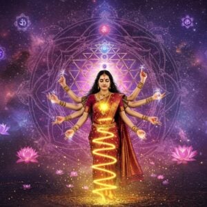 A magnificent Indian woman in a flowing crimson and gold saree standing in a meditative pose, emanating powerful golden energy spirals from her spiritual chakra points. Her eyes are closed in deep meditation, with a serene expression. Behind her, a large, intricate Sri Yantra mandala glows with ethereal light in shades of deep purple and gold. The mandala is surrounded by multiple arms in mudra positions, reminiscent of Goddess Durga, creating a circular pattern. Lotus flowers in various stages of bloom float around her, each emitting a soft, different colored light corresponding to chakra colors. The background features a blend of cosmic elements - swirling galaxies, sacred geometry patterns, and subtle Devanagari symbols dissolving into light. The woman is adorned with traditional Indian jewelry that appears to be made of light itself. Small particles of golden light rise from the ground around her feet, where a kundalini serpent made of pure energy coils upward. The overall color palette consists of deep maroons, royal purples, metallic golds, and electric blues. Photorealistic rendering with ethereal lighting effects, combining traditional Madhubani patterns with modern digital art techniques. Heavy emphasis on divine feminine energy and spiritual power.