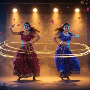 Two graceful Indian women dancers in synchronized motion, wearing contemporary fusion dance costumes in deep crimson and royal blue with gold embellishments, performing against a swirling backdrop of traditional Madhubani-style patterns. Their faces radiate joy and confidence, adorned with minimal yet elegant jewelry. Dynamic motion trails in gold and peacock blue follow their dance movements. The background features abstract musical notes transformed into traditional Indian motifs. Soft spotlights create dramatic shadows and highlights, while floating lotus petals and geometric mandala patterns frame the scene. The sisters' hair flows gracefully in motion, with modern styling yet traditional flowers. The scene captures both classical Indian dance elements and contemporary stage aesthetics, with a color palette of deep maroon, electric blue, burnished gold, and soft amber lighting. Atmospheric haze adds depth and mystique. Art style combines hyperrealistic digital rendering with traditional Indian art elements, creating a modern, high-end editorial look. 4K, cinematic lighting, photorealistic, ultra-detailed.