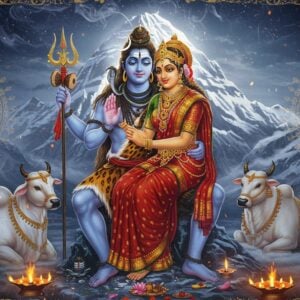 A divine ethereal scene depicting Lord Shiva and Goddess Parvati in intimate embrace against the backdrop of Mount Kailash, rendered in a fusion of traditional Indian and modern digital art. Shiva, with blue-hued skin, third eye, crescent moon on his head, and matted locks flowing with the Ganga, wears a tiger skin and rudraksha beads. His four arms hold the trishul, damaru, with two arms embracing Parvati. Parvati, with golden-hued skin in a deep red silk saree with gold embellishments, adorned with traditional jewelry, her eyes gazing lovingly at Shiva. Surrounding them are intricate mandala patterns in gold and silver, with floating lotus flowers, and divine light breaking through misty clouds. The sacred mount Kailash appears in the background with a soft ethereal glow, while Nandi the bull rests peacefully nearby. Mystical smoke tendrils and glowing embers weave through the scene, creating a dreamy atmosphere. The color palette combines deep blues, celestial whites, burning golds, and passionate reds. Style should be photorealistic with magical elements, maintaining divine grace and spiritual authenticity.