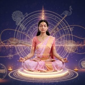 A serene young Indian woman in a flowing pastel pink and gold silk saree seated in padmasana on a luminous lotus platform, her eyes closed in deep meditation. Her hands form elegant mudras, surrounded by visible sound waves rendered as intricate, glowing golden mandalas. The background features a gradient of deep indigo to soft lavender, with ethereal Madhubani-style peacocks and mystical Indian musical instruments (veena, flute, and tambura) floating weightlessly. Delicate golden threads of sound emerge from these instruments, weaving through the space in geometric patterns. Multiple translucent layers of concentric circles ripple outward from her form, representing sound vibrations. Small glowing orbs of light in various sizes float around her, each containing miniature traditional Indian musical motifs. The scene is illuminated by a soft, otherworldly glow, with subtle sparkles and light refractions. The art style combines hyperrealistic digital rendering with traditional Indian Pattachitra patterns in the details, creating a mystical yet contemporary atmosphere.
