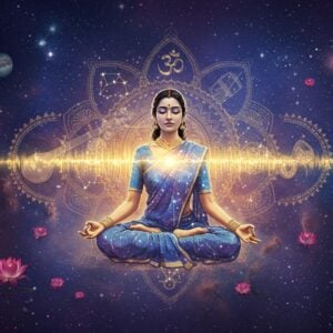 A serene Indian woman in a flowing celestial blue and gold saree meditating in padmasana, floating in a cosmic void. Her body emanates golden sound waves that transform into constellations and nebulae. Around her, multiple translucent layers of mandalas represent different cosmic frequencies, each containing traditional Indian musical instruments like veena, mridangam, and tambura rendered in constellation patterns. Swirling Sanskrit omkara symbols made of stardust float gracefully. The background features a gradient of deep indigo to purple cosmic space filled with stars, planets, and galaxies in metallic gold and silver. Lotus flowers made of pure light bloom at various stages, their petals carrying subtle Madhubani patterns. The lighting is ethereal with a soft golden glow emanating from the central figure, creating a harmonious blend of spiritual and cosmic elements. The art style combines traditional Indian Pattachitra patterns with modern digital space art aesthetics, hyper-detailed, ultra-realistic, cinematic quality, soft bokeh effects in the background.