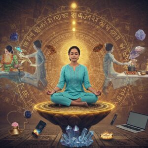 A serene Indian woman in a contemporary outfit (pastel blue kurta) sitting cross-legged on a floating lotus platform, surrounded by concentric circles of golden Vedic sound waves. Her eyes are closed in meditation, with a subtle golden aura around her. Multiple ethereal, translucent versions of herself performing daily activities (cooking, working, exercising) radiate outward in a spiral pattern. Sacred Sanskrit vibrations visualized as intricate Madhubani-style patterns in saffron and deep maroon float in the background. The scene is illuminated by soft, diffused morning light. Modern elements like a laptop, smartphone, and kitchen appliances are transformed into sacred objects with golden mandala patterns. Floating crystals and geometric patterns enhance the spiritual atmosphere. The art style combines hyperrealistic digital rendering with traditional Indian Pattachitra patterns, creating a harmonious blend of modern and ancient elements. The overall color palette features morning sky blues, gentle golds, and warm earth tones, with hints of peacock blue in the patterns.