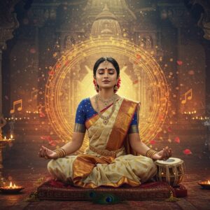 A serene Indian classical female vocalist in a flowing cream and gold silk saree, sitting cross-legged on an ornate meditation cushion, her eyes closed in deep concentration. Around her, multiple translucent layers of circular mandalas representing shruti waves emanate in shades of deep indigo, saffron, and celestial gold. Floating musical notes transform into ethereal lotus petals. The background features a grand ancient temple architecture with intricate Madhubani-style patterns. Divine light streams through temple windows, creating a mystical atmosphere. Floating diyas and incense smoke swirl in geometric patterns. The singer's hands are in mudras, and her jewelry includes traditional temple-style pieces. A peacock-feather motif tambura rests beside her. The scene is rendered in a harmonious blend of traditional Pattachitra art style with modern digital aesthetics, featuring rich jewel tones and metallic accents. Soft bokeh effects and particle systems create a supernatural aura. The composition emphasizes the sacred connection between human voice and divine energy.