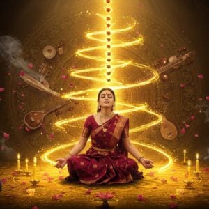 A mystical scene featuring an ethereal Indian female classical vocalist in a flowing silk burgundy saree performing on a golden stage, her face serene with eyes closed in deep concentration. Around her, 22 luminous golden threads of light spiral upwards, representing the 22 shrutis, each emanating distinct colors from deep indigo to saffron. The threads transform into musical notes that float in the air. In the background, a large ornate mandala pattern made of traditional Indian musical instruments - veenas, sitars, and tamburas - arranged in concentric circles. The scene is enhanced by floating lotus petals and subtle smoke trails. Traditional Madhubani-style peacocks with detailed feather patterns frame the corners, their beaks open in song. The lighting is dramatic with warm golden hues radiating from the center, creating a divine atmosphere. The art style merges hyperrealistic digital rendering with traditional Indian Pattachitra patterns, emphasizing the metallic gleam of the instruments and the subtle gradients in the light threads. The overall composition suggests both ancient wisdom and contemporary relevance.
