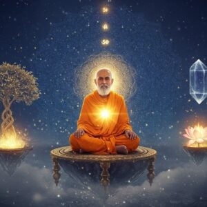 A serene Indian sage in saffron robes seated in padmasana on a floating lotus platform, radiating pure golden light, symbolizing the pure consciousness. Behind him, a large, intricate mandala in deep blue and gold represents the cosmic unity. The scene shows two intertwining trees - one physical and one made of pure light - symbolizing the relationship between Brahman and individual souls. Multiple translucent layers of reality fade into each other, with Krishna's divine form subtly visible in the background. Ethereal peacock feathers float in a spiral pattern, representing divine beauty. The composition includes floating sacred symbols - a perfectly spherical crystal (representing pure existence), a glowing flame (consciousness), and a blooming lotus (divine bliss). Soft mist surrounds the scene, with delicate geometric patterns inspired by Madhubani art emerging from it. The color palette focuses on deep blues, pure golds, and gentle whites. The artwork style combines hyperrealistic digital painting with traditional Indian art motifs, maintaining a modern, sophisticated aesthetic while preserving sacred symbolism. Dramatic rim lighting creates a divine atmosphere, with small particles of light floating in the air.