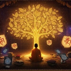 A serene Indian library setting with a mystical atmosphere, featuring ancient palm leaf manuscripts and modern books seamlessly integrated. In the center, a luminous golden tree of knowledge emerges, its branches forming intricate Vedic patterns and mandalas. The tree's leaves are made of translucent sacred texts that emit a soft ethereal glow. A young Indian scholar in contemporary clothing sits in padmasana beneath the tree, surrounded by floating symbols of Vallabhacharya's philosophy - including the distinct Pushti Marg tilak mark and peacock feather motifs. Scattered around are modern digital devices displaying Sanskrit texts, creating a bridge between ancient and modern learning. The scene is bathed in warm, golden light with subtle hints of deep purple and cosmic blue. Traditional Madhubani-style borders frame the scene, featuring intricate patterns of lotus flowers and peacocks. Hyperrealistic digital art style with magical realism elements, cinematic lighting, and deep rich colors, emphasizing the blend of tradition and modernity.