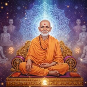 A serene portrait of Siddharameshwar Maharaj in traditional Indian sage attire, seated in padmasana on an ornate golden lotus platform. His face radiates divine wisdom with peaceful expression, half-closed eyes, and a subtle smile. Behind him rises a large, intricate mandala structure glowing with soft blue and golden light. The mandala incorporates sacred geometry patterns and Vedantic symbols. Multiple ethereal silhouettes of disciples in meditation postures fade into the background, representing his lineage. Floating spiritual symbols like Om and geometric patterns emerge from his aura. The scene is set in a mystical space with swirling cosmic energies in deep purples and indigos. Soft rays of divine light descend from above. The art style combines traditional Madhubani patterns in the details with modern digital art techniques, creating a harmonious blend of ancient wisdom and contemporary aesthetics. The lighting is otherworldly with a warm golden glow around the saint and cool spiritual blues in the background. Small particles of light float around like fireflies, adding to the divine atmosphere.