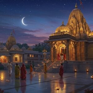 A serene nighttime view of an intricately detailed Indian temple complex with traditional Maharashtrian architecture, illuminated by warm golden lights and floating diyas. The main temple structure features ornate spires and domes with detailed carved patterns inspired by Hemadpanthi architecture style. In the foreground, a peaceful courtyard with smooth stone flooring reflects the temple lights, where devotees in traditional Indian attire (men in white kurtas and women in colorful sarees) are seen walking respectfully. Beautiful marble steps lead to the temple entrance, decorated with fresh flower garlands and brass bells. The scene is enhanced by soft, glowing lanterns and oil lamps creating a mystical atmosphere. The background shows a tranquil ashram complex with meditation halls and residential quarters, surrounded by well-maintained gardens with sacred tulsi plants. The sky features a deep indigo color with subtle stars and a crescent moon, casting a divine glow over the entire scene. Art style combines traditional Maharashtrian temple art with modern digital painting techniques, emphasizing depth, lighting, and architectural details in hyperrealistic manner.