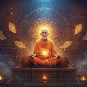 A serene Indian spiritual master in traditional white dhoti seated in padmasana on an intricately carved stone platform, radiating golden divine light. His eyes are closed in deep meditation, surrounded by floating, ethereal Devanagari scriptures that dissolve into light particles. Behind him, a large, detailed mandala in rich indigo and gold patterns emerges from his aura. The background shows a mystical Maharashtra temple architecture with modern geometric patterns. Multiple transparent layers of his form appear, representing the dissolution of ego. The scene is illuminated by soft, otherworldly light in shades of saffron and purple. Floating lotus flowers and subtle smoke elements add depth. The art style combines traditional Maharashtrian temple art with contemporary digital aesthetics, featuring rich textures and a harmonious blend of deep maroons, golds, and peaceful blues. Atmospheric fog and light rays create a mystical ambiance.