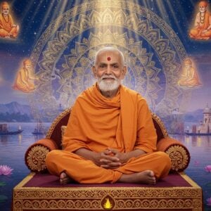 A serene portrait of an elderly Indian sage with a gentle, wise expression, dressed in simple saffron robes, seated in padmasana on an ornate marble platform. His eyes radiate deep wisdom and compassion. Behind him, a large, intricate mandala in gold and deep blue combines traditional Madhubani patterns with modern geometric designs. The background features a mystical landscape with the holy Ganges river flowing ethereally, rendered in smooth, pastel blues and purples. Floating lotus flowers in pink and white emit soft, golden light. Multiple translucent layers show scenes of guru-shishya paramparas (teacher-student lineages) in a minimalist style. Rays of divine light in warm gold and white descend from above, creating a heavenly atmosphere. The entire scene is rendered in a harmonious blend of traditional Indian art and contemporary digital aesthetics, with a color palette of deep saffron, midnight blue, burnished gold, and ethereal pastels. Photorealistic rendering with mystical elements, emphasizing spiritual depth and timeless wisdom.