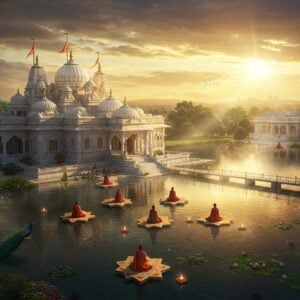 A majestic aerial view of Siddheshwar Dham temple complex at golden hour, featuring ornate Nagara-style architecture with intricate spires and domes in white marble and gold accents. The temple is surrounded by serene water bodies reflecting the warm sunlight, creating mirror-like reflections. Modern glass and steel walkways harmoniously blend with traditional architecture. In the foreground, a group of devotees in contemporary Indian attire perform meditation on lotus-shaped platforms floating on water. Ethereal rays of light pierce through monsoon clouds, creating divine light beams. Floating diyas and lotus flowers dot the water surface. The scene incorporates modern sustainable elements like solar panels seamlessly integrated into traditional designs. Detailed Madhubani-style patterns decorate the temple walls, coming alive with a subtle golden glow. The atmosphere is mystical with soft mist rising from the water, while peacocks roam the perfectly manicured gardens. Digital art style combining hyperrealism with traditional Indian art elements, emphasizing rich colors like deep maroon, saffron, and peacock blue, with an overall dreamy, spiritual aesthetic.