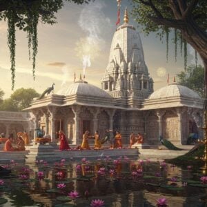 A majestic ancient Indian temple complex in Madhubani art style, featuring a towering white marble spire adorned with intricate geometric patterns and Hindu symbols. The temple reflects in a serene pond filled with pink lotus flowers. Golden morning light bathes the scene, creating dramatic shadows and highlights. In the foreground, a group of devotees in traditional Indian attire perform puja rituals with brass lamps. Ethereal smoke from incense spirals upward, merging with mystical glowing mandalas floating in the air. The temple walls showcase detailed relief carvings depicting scenes from Hindu mythology in Pattachitra style. Peacocks with vibrant plumage grace the temple courtyard. The scene is framed by ancient banyan trees with hanging roots, their leaves casting dappled shadows. Digital art style with deep maroons, peacock blues, and burnished gold colors. Soft bokeh effects and lens flares add a contemporary magical atmosphere. Photorealistic rendering with fantasy elements, 8k resolution, cinematic lighting.