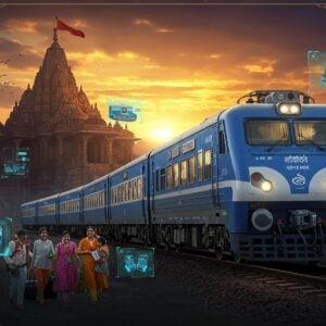 A sleek, modern blue and silver train with "Siddheshwar Express" emblazoned in elegant Devanagari script, gliding through a mystical Indian landscape at golden hour. The train's windows emit a warm, inviting glow. The background features a stunning blend of contemporary and traditional elements - modern railway infrastructure seamlessly integrated with ancient temple architecture, specifically the iconic Siddheshwara Temple silhouetted against a dramatic sky painted in deep oranges and purples. Floating digital holograms showing amenities hover near the train: luxurious seats, dining car, and sleeping berths rendered in glowing blue light. The scene is framed by stylized Madhubani-inspired patterns featuring railway motifs. The foreground showcases happy Indian families in modern attire with luggage, bathed in the train's ambient lighting. Hyper-realistic digital art style with careful attention to lighting and reflections on the train's surface, creating a cinematic atmosphere. Rich details in metallic gold and deep peacock blue accents throughout the composition.