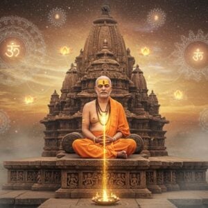 A serene portrait of Siddheshwar Maharaj in meditation pose, seated on a carved stone platform adorned with traditional Maharashtrian motifs. He wears simple white dhoti and shawl, with vibrant saffron tilak on forehead. Behind him rises a massive ancient stone temple with intricate carvings, partially covered in spiritual golden light. Floating mandalas and sacred geometrical patterns in soft blues and golds surround him. Multiple ethereal translucent lotus flowers bloom around him, their petals catching mystical light. The background shows a blend of earthy browns of temple stone transitioning into ethereal cosmic space filled with stars and spiritual energy. His face radiates peace and wisdom, eyes closed in deep meditation. Small streams of golden light emerge from his heart center, connecting to floating Vedic symbols. The art style combines hyperrealistic digital rendering with traditional Indian Madhubani patterns in the details. Ambient fog adds depth and mysticism. The overall composition creates a perfect balance between historical accuracy and spiritual transcendence.