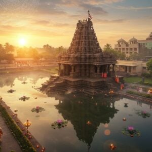 A majestic aerial view of Siddheshwar Temple at sunrise, rendered in a blend of traditional Indian and modern digital art style. The temple's ornate Dravidian architecture features intricate stone carvings illuminated by golden morning light. In the foreground, a serene lotus pond reflects the temple's image perfectly. Modern luxury accommodations seamlessly blend with traditional architecture in the background, their glass facades catching the sunrise. The scene is framed by lush tropical gardens and walking paths. Soft mist rises around the temple base, creating an ethereal atmosphere. The color palette combines deep maroons, saffron yellows, and peaceful blues. Small groups of Indian pilgrims in traditional attire walk along well-maintained pathways. Floating diyas and flower petals dot the water surface, creating points of warm light. The overall composition suggests both spiritual significance and modern comfort, with a mandala-inspired sacred geometry pattern subtly overlaid in the sky. Soft bokeh effects and lens flares add a contemporary photographic quality while maintaining the spiritual essence.