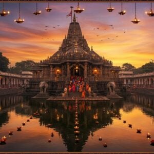 A majestic aerial view of Siddheshwar Temple during golden hour, showcasing its impressive Hemadpanti architecture with intricate stone carvings and stepped pyramid-style shikhara against a vibrant sunset sky with deep oranges and purples. The temple reflects in a serene water body in the foreground, creating perfect symmetry. Traditional oil lamps illuminate the temple's exterior, casting a warm golden glow. Detailed Madhubani-style patterns frame the scene, featuring ornate lotus motifs and geometric designs in deep maroon and peacock blue. Small groups of devotees in traditional Maharashtra attire are seen climbing the temple steps. Floating diyas and marigold flowers dot the water's surface. The scene combines photorealistic architectural details with ethereal lighting and subtle spiritual symbolism. The atmosphere is enhanced by soft glowing halos around the temple spires and delicate wisps of incense smoke. Stone elephants at the temple entrance are intricately detailed with traditional carvings. The composition emphasizes the temple's grandeur while maintaining a serene, inviting atmosphere. 8K resolution, cinematic lighting, architectural photography style with mystical elements.