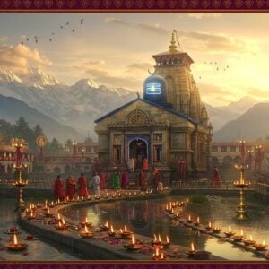 A serene panoramic view of an ancient Shiva temple nestled in the Himalayan foothills, with snow-capped peaks in the background. The temple architecture features intricate Nagara-style carved details in warm sandstone, with a towering shikhara adorned with gold accents. In the foreground, a winding path lined with traditional brass diyas leads to the temple, where devotees in traditional Indian attire (men in white kurtas, women in colorful sarees) are walking. A large, ethereal Shiva lingam emanates a soft, divine blue glow at the temple entrance, surrounded by floating lotus flowers and subtle spiritual symbols. The scene is captured during sunrise, with golden rays filtering through misty clouds, creating a mystical atmosphere. Traditional Madhubani-style patterns frame the scene, featuring intricate mandalas and Om symbols in deep maroon and saffron hues. Small water bodies with floating flowers reflect the temple's magnificence, while sacred threads and bells add authentic detail. The lighting should be dreamy and atmospheric, with hints of lens flare and golden hour warmth, creating a perfect blend of traditional spirituality and modern digital art aesthetics.