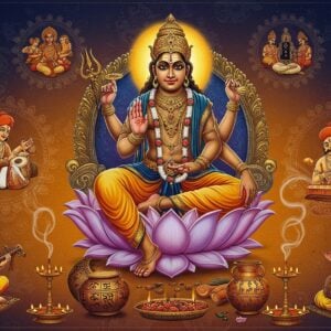 A majestic scene depicting Lord Siddheshwar seated in Padmasana on a crystal lotus throne, radiating divine golden light. He has four arms, holding a trishul, damaru, rudraksha mala, and one hand in abhaya mudra. His face is serene with a third eye, adorned with sacred ash, and surrounded by a luminous blue aura. Around him, a dynamic composition shows three circular rings: the innermost ring features ancient Sanskrit manuscripts and pottery with Lingayat symbols, the middle ring shows Indian classical musicians playing veena and tabla with musical notes floating as golden sparkles, and the outer ring displays traditional Indian artists creating Lingayat art pieces. The background seamlessly transitions from deep saffron to midnight blue, with intricate Madhubani-style patterns. Floating mandalas with Shaivite symbols appear in metallic gold and silver. The scene includes ethereal wisps of incense smoke forming artistic swirls, while a subtle watercolor effect adds a contemporary digital art aesthetic. The lighting is dramatic with soft glowing highlights emphasizing the divine presence.