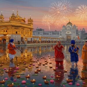 A vibrant Sikh celebration scene at the Golden Temple, Amritsar, illuminated by thousands of golden diyas floating in the sacred pool at dusk. In the foreground, a group of Sikh devotees, both men and women in traditional attire - men wearing colorful turbans (blue, saffron, and white) and women in elegant salwar kameez, performing the Bhangra dance with traditional props. The Golden Temple reflects in the water, creating a mirror image, with warm golden light emanating from its dome. The scene features intricate Punjabi motifs and patterns in the architecture, with detailed marble work visible. Floating lotus flowers and rose petals dot the water's surface. In the background, fireworks burst in the twilight sky, creating a magical atmosphere. The Nishan Sahib (Sikh flag) flows majestically in the gentle breeze. The art style combines photorealistic architectural details with ethereal lighting and stylized traditional Indian art elements, creating a dreamlike yet authentic atmosphere. The scene captures both the spiritual devotion and joyous celebration of Sikh festivals.