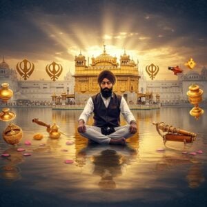 A serene scene depicting the iconic Golden Temple of Amritsar at dawn, reflecting perfectly in the sacred pool, with rays of golden sunlight breaking through clouds creating divine light beams. In the foreground, a young modern Sikh man with a neatly tied turban and full beard, wearing contemporary clothing with a traditional touch, sits in peaceful meditation. His hands are positioned in a mudra of acceptance. Around him, five symbolic elements float ethereally: a Khanda (the Sikh symbol), a Kirpan, a Kara, a wooden Kangha, and a Kesh. These items emit a subtle golden glow. The background features intricate Punjabi patterns and motifs in deep blues and gold, merging traditional art with digital aesthetics. Soft lotus petals float in the sacred pool, creating gentle ripples. The scene is rendered in a harmonious blend of photorealistic and artistic styles, with emphasis on rich textures and atmospheric lighting. The overall color palette includes deep royal blue, warm gold, saffron, and serene white, creating a modern yet spiritually rich atmosphere.