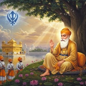 A majestic scene depicting Guru Nanak Dev Ji in a golden aura, seated in meditation under a sacred Banyan tree, wearing traditional white robes with a saffron turban. His face radiates divine peace with eyes closed in deep meditation. The Golden Temple of Amritsar reflects in a serene pool in the background, its architecture detailed in intricate Madhubani-style patterns. The Khanda symbol floats ethereally in the sky, emanating soft blue light. Symbolic elements include the flowing waters of the Ravi River, blooming lotus flowers, and the iconic two swords of Miri Piri. The scene is illuminated by divine light streams breaking through clouds. Five Singh warriors in traditional attire stand guard in the mid-ground, their long beards and turbans detailed in the Phad art style. The color palette consists of deep blues, saffron, gold, and white. The entire composition has a dreamy, digital watercolor effect with subtle sacred geometry patterns overlaying the sky. Modern gradient lighting adds depth while maintaining traditional Indian art elements.