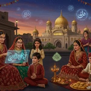 A vibrant street scene showing modern Sindhi Hindu families in traditional attire - women wearing intricate Sindhi-style embroidered lehengas and men in crisp white kurtas with Sindhi topi (cap). In the foreground, a grandmother teaches young children the Sindhi script on a holographic tablet. The background features a modern interpretation of the Karachi's Swaminarayan temple with floating golden domes and digital art projections. Traditional Sindhi crafts like Rilli quilts and Kashida embroidery patterns float as ethereal, glowing motifs in the air. The scene includes a festive Chaliho Sahib celebration with modern LED diyas and contemporary fusion music instruments. The color palette features deep maroons, royal blues, and burnished gold, with soft ambient lighting creating a warm, inviting atmosphere. The art style merges traditional Sindhi motifs with sleek, futuristic elements, displaying a perfect blend of heritage and innovation. Small details include traditional Sindhi sweets on modern serving platters and young professionals wearing fusion Indo-western clothing with Sindhi elements.