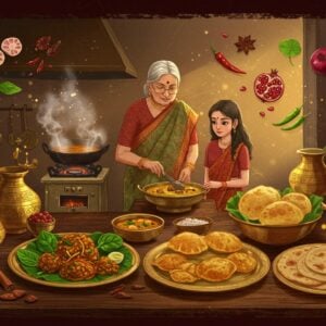 A richly detailed Indian kitchen scene with an elderly Sindhi grandmother in a traditional Ajrak-print saree teaching her granddaughter traditional cooking techniques. They stand before a vintage brass stove with intricate Sindhi motifs. On a wooden table adorned with traditional Sindhi lacquerware, elaborate dishes are displayed: sai bhaji with spinach leaves, dal pakwan with crispy puris, and koki flatbreads arranged in a mandala pattern. Steam rises mystically, forming ethereal patterns reminiscent of partition-era maps. The scene is illuminated by warm, golden light filtering through a window, casting intricate shadows of geometric Sindhi patterns. In the background, spice-filled brass vessels and copper utensils gleam. Floating translucent elements show iconic ingredients - lotus root, green chilies, and dried pomegranate seeds. The art style combines traditional Sindhi border patterns with modern digital art techniques, using a rich color palette of deep maroons, burnished golds, and warm earthy tones. The scene has a dreamy, nostalgic quality with subtle sparkles and a soft glow around the traditional cooking vessels.