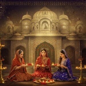A grand traditional Sindhi Hindu temple facade with intricate geometric patterns and mirror work, illuminated by golden sunshine. In the foreground, three generations of modern Sindhi women in traditional Sindhi dress - the grandmother in a traditional Panetar with gota work, mother in an embroidered Bandhani Abochhini, and daughter in a contemporary fusion of both. They're performing the traditional Sindhi ritual of Aarthi with brass thalis decorated with oil lamps and roses. The background features detailed Madhubani-style artwork showing snippets of Sindhi culture - Chetichand celebrations, Jhulelal symbols, and traditional Sindhi motifs in deep indigo, maroon, and gold. Floating mandala patterns with peacock motifs frame the scene. The lighting is mystical with soft golden rays filtering through temple windows, creating an ethereal atmosphere. The art style combines hyperrealistic digital rendering with traditional Indian art elements, featuring rich textures, metallic accents, and intricate border patterns inspired by Sindhi textiles. The overall composition suggests a seamless blend of tradition and modernity.