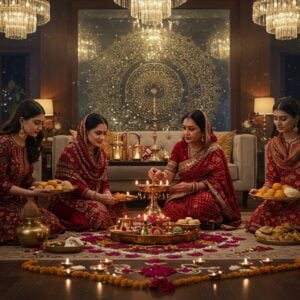 A traditional Sindhi Hindu family gathering scene in an opulent modern living room, featuring three generations performing the 'Bhogi' ritual around a beautifully decorated copper thali. The matriarch, wearing a vibrant red and gold Sindhi-style bandhani saree, performs aarti with an intricate silver lamp. Behind her, a contemporary glass wall features an ethereal, translucent mandala pattern in gold. The scene includes traditional elements like a brass water pot with coconut, red thread (mauli), and akhand jyoti. Young women in modern fusion wear (designer kurtas with palazzo pants) arrange sindhi sweets like singhar ji mithai and gheeyar on silver platters. Soft, mystical lighting emanates from crystal chandeliers above, creating a warm golden glow. The foreground showcases a rangoli made with flowers and diyas in the traditional Sindhi pattern. The overall composition blends modern luxury with traditional aesthetics, incorporating deep maroons, royal blues, and burnished gold colors. Hyperrealistic digital art style with attention to textile details and metallic surfaces, maintaining cultural accuracy with a contemporary twist.