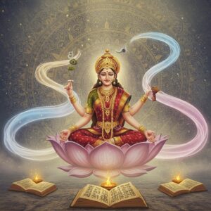 An ethereal scene depicting Goddess Sita in a luminous, traditional Indian royal attire of deep crimson and gold, seated in padmasana on a giant lotus floating above sacred Sanskrit manuscripts that emit a soft golden glow. Her face radiates divine serenity and wisdom, adorned with traditional jewelry including a crown studded with precious stones. Four translucent, mystical streams of cosmic energy in pastel hues (lavender, soft gold, pale blue, and rose) spiral around her forming the shape of the sacred Om symbol. The background features a massive, intricately detailed mandala in Madhubani style, rendered in gold and deep peacock blue. Floating lotuses and vedic symbols emerge from ancient palm leaves, creating a bridge between ancient wisdom and modern interpretation. The lighting is otherworldly, with soft rays of divine light streaming down, creating a misty, spiritual atmosphere. The scene combines hyperrealistic detail with supernatural elements, rendered in a style blending traditional Indian art with contemporary digital aesthetics. Multiple layers of translucent veils in pastel hues add depth and mystery to the composition.