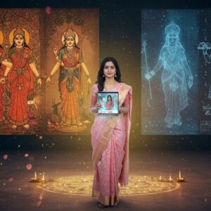 A contemporary Indian woman in her early 30s, wearing a modern fusion outfit - a pastel pink and gold silk saree draped innovatively over designer palazzo pants, standing confidently in front of a massive holographic display showing multiple artistic interpretations of Sita through the ages. The background seamlessly transitions from ancient Madhubani-style art to modern digital renders. On the left side, traditional depictions show Sita in forest exile wearing saffron, surrounded by deer and peacocks. On the right, futuristic 3D holograms display her as a symbol of strength in modern media. The scene is illuminated by warm golden light with floating lotus petals and subtle mandala patterns. The central woman holds a tablet displaying social media feeds about Sita, while her shadow forms the silhouette of the goddess. The art style combines hyperrealistic digital art with traditional Indian artistic elements, featuring rich colors like deep maroon, peacock blue, and gold. Ethereal glowing particles and sacred geometry patterns add a mystical atmosphere. The scene includes subtle references to the Ramayana through minimalist iconography in the background.