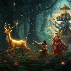 A dramatic scene depicting the moment of Sita's abduction by Ravana, showing a majestic golden deer (Maricha) in the foreground running through a dense, mystical forest with glowing flowers. Behind, Ravana in his dark, ornate chariot emerging from swirling clouds, reaching for Sita who is protected by a glowing Lakshman Rekha. Sita wears a rich red and gold silk saree with traditional jewelry, her face showing determination and dignity. The scene is rendered in a blend of Madhubani and modern digital art style, with intricate patterns in deep jewel tones. Ravana is depicted with his ten heads crowned with gold, twenty arms holding various weapons, dressed in royal attire with dark colors. The atmosphere is charged with magical energy, shown through ethereal light effects, swirling golden mandalas, and floating lotus petals. The forest is detailed with peacock blue and emerald green hues, with mystical light filtering through the trees. The composition creates a sense of tension and movement, with strong contrast between light and shadow, good and evil. Hyperdetailed, cinematic lighting, 8k resolution, photorealistic rendering with fantasy elements.