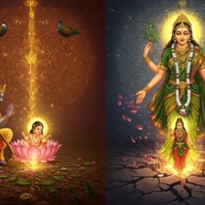 A serene, ethereal scene depicting two contrasting moments: On the left, a golden plough emerges from fertile earth, revealing baby Sita in a lotus cradle, surrounded by soft, glowing light and sprouting flowers. King Janaka, dressed in royal attire with traditional Indian designs, watches in awe. The right side shows Mother Earth (Bhumi Devi) as a beautiful Indian woman in an ornate green and gold saree, her arms open, creating a luminous crack in the ground. A mature Sita in royal red and gold attire gracefully descends into the fissure. The background features a massive mandala pattern in Madhubani style, with intricate peacock motifs and sacred symbols. The scene is bathed in mystical golden light with swirling energy patterns. Floating lotus petals and divine sparkles fill the air. Rich colors like deep maroon, saffron, and peacock blue dominate, while subtle pastels add depth. The artwork blends traditional Pattachitra patterns with modern digital art techniques, creating a dreamlike quality. The composition is symmetrical with both scenes separated by a stylized tree of life.