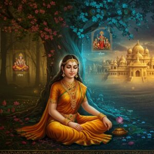 A serene scene depicting Sita Mata seated gracefully under a flowering Ashoka tree in the forest of Lanka, wearing a simple yet elegant saffron silk saree with minimal gold ornaments. Her face radiates divine peace and inner strength. Behind her, a magical transition splits the scene: one side shows the lush, dark forest of her exile with blooming Ashoka flowers, while the other side transforms into the golden city of Ayodhya with intricate Madhubani-style architecture. Floating lotus flowers and glowing mandalas create a bridge between these two realms. Small vignettes in Pattachitra style float in the background showing key moments - Sita's Agni Pariksha with ethereal flames in turquoise and gold, and her reunion with Lord Rama. The lighting is otherworldly, with soft golden rays filtering through the trees on one side and warm, royal illumination on the other. The composition seamlessly blends traditional Indian art motifs with contemporary digital art techniques, featuring detailed peacock feather patterns and swirling sacred smoke. The scene is framed by delicate Sanskrit-inspired filigree work in metallic gold, with small Deepak lamps floating at the corners.