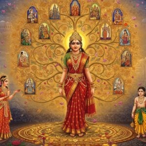 A regal scene depicting Sita standing in the center of an ornate golden mandala, wearing a rich red and gold silk saree with intricate border work. She is adorned with traditional royal jewelry including a crown, necklaces, and bangles. Behind her, a stylized family tree emerges, its branches made of intertwined lotus stems and golden light. The tree's roots extend from King Janaka and Queen Sunaina on the left, rendered in the Madhubani art style. The branches connect to various significant figures - Ram, Luv, and Kush depicted as smaller ethereal figures in royal attire. The background features the kingdom of Mithila with its palace architecture in soft peacock blues and golds. Floating spiritual symbols and small vignettes showing key moments from Sita's life appear around the edges. The scene is illuminated by a soft, divine glow, with floating flowers and subtle sacred geometric patterns. The art style combines traditional Indian Pattachitra techniques with modern digital fantasy aesthetics, creating a dreamlike royal atmosphere. The color palette focuses on royal golds, deep maroons, emerald greens, and celestial blues.