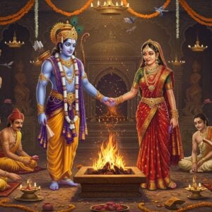 A majestic wedding scene depicting Lord Ram and Sita in divine matrimony, set in an ornate ancient Indian palace courtyard. Lord Ram stands tall and noble, wearing a royal blue dhoti with golden embellishments, crown adorned with peacock feathers, and traditional princely jewelry. Sita appears ethereally beautiful in a rich red and gold wedding saree, adorned with traditional bridal jewelry including maang tikka, nath, and heavy gold necklaces. They are joining hands around the sacred fire (agni), with strings of orange marigolds and white jasmine flowers cascading from above. The background features intricate Madhubani-style patterns in gold and deep colors, with floating lotus flowers and peacock motifs. A soft, divine golden light illuminates the scene from above, creating a heavenly glow. The ceremonial fire emits sparkles that transform into small golden birds. Supporting characters include King Janaka performing kanyadaan, while sages and royal family members witness the ceremony. The scene combines hyperrealistic character rendition with traditional Indian art patterns, creating a modern yet culturally authentic visualization, with an atmosphere of divine love and spiritual significance.