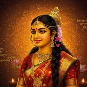 A stunning portrait of Sita Devi in the Madhubani-digital fusion style, her complexion glowing like molten gold (hemabha), dressed in an intricately detailed red silk saree with gold border. Her face reflects divine beauty with lotus-like eyes (padma-patra-akshi), delicate eyebrows like Cupid's bow, and a gentle smile. Long, lustrous black hair adorned with forest flowers cascades down her back. She wears traditional golden ornaments including maang-tikka, nose ring, and bangles. Her slender waist (trivalee), graceful neck, and perfect proportions are emphasized. Behind her, a large ornate mandala glows in soft gold and saffron hues, surrounded by blooming lotus flowers and peacock feathers. Ethereal light bathes the scene in warm golden tones. The background features delicate Madhubani patterns in deep maroon and peacock blue. Intricate Sanskrit verses from the Ramayana float as golden light particles around her. The art style combines hyperrealistic digital rendering with traditional Indian art motifs, creating a serene and divine atmosphere.