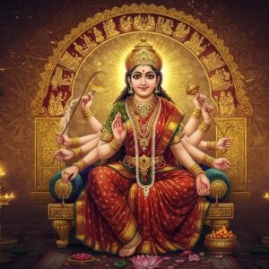 A radiant celestial portrait of Sita Mata in a flowing red and gold silk saree, adorned with traditional Indian jewelry, seated gracefully on a golden throne adorned with lotus motifs. Her face emanates divine serenity and inner strength, with gentle eyes and a subtle smile. Multiple translucent layers show her transformation through different artistic interpretations - from ancient Madhubani-style patterns to modern digital art, each layer keeping her core essence intact. The background features a grand arch decorated with scenes from her life - her emergence from earth, swayamvar, exile, and agni pariksha, rendered in a blend of traditional Pattachitra and contemporary digital art styles. Ethereal golden light surrounds her, with floating lotus flowers and peacock feathers. Intricate mandala patterns in deep maroon and peacock blue frame the composition. The overall scene has a dreamy, surreal quality with soft glowing highlights and mystical atmosphere, combining historical gravitas with modern aesthetic sensibility. The art style seamlessly merges classical Indian art with contemporary digital techniques, creating a timeless yet fresh interpretation.