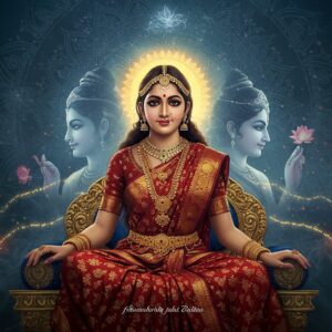A serene portrait of Sita in a richly embroidered red and gold silk saree, seated gracefully on an ornate golden throne with lotus motifs. Her face radiates both strength and tenderness, adorned with traditional Indian jewelry including a delicate nose ring and maang tikka. Behind her, three translucent, ethereal reflections of herself emerge: one showing her as the devoted wife with Ram, another as the forest dweller in simple attire, and the third as the resolute mother with her sons. The background features a massive intricate mandala in deep blues and golds, with floating lotus flowers and peacock feathers. Soft rays of divine light filter through, creating a dreamlike atmosphere. The art style combines traditional Madhubani patterns with modern digital art techniques, featuring rich jewel tones of maroon, royal blue, and burnished gold. Delicate threads of light connect all versions of Sita, symbolizing the interconnected nature of her relationships. The overall composition maintains a balance between traditional iconography and contemporary aesthetic sensibilities, with subtle smoke effects and glowing auras.