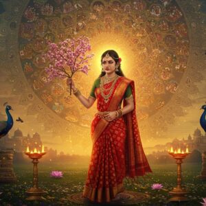A radiant young Sita in a rich crimson and gold silk saree, adorned with traditional royal jewelry, standing gracefully in the center of an ethereal garden. Her face reflects both inner strength and gentle devotion, with a subtle golden aura surrounding her. She's holding a lotus flower in her right hand while her left hand touches a blooming Ashoka tree. Behind her, a massive ornate mandala pattern glows in soft gold and saffron hues, incorporating tiny scenes from the Ramayana in Madhubani art style. The foreground features intricately detailed rangoli patterns with floating lotus petals. The composition is framed by two peacocks with elaborate feathers in jewel tones of emerald and sapphire. Magical fireflies and small orbs of divine light illuminate the scene. The lighting is warm and mystical, creating a dreamlike atmosphere. The art style merges traditional Indian Pattachitra elements with modern digital fantasy art techniques. The background shows subtle silhouettes of Ayodhya's palace architecture. The overall mood is serene yet powerful, emphasizing both royal dignity and spiritual devotion.