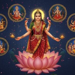A serene portrait of Goddess Sita in a richly detailed crimson and gold silk saree, emanating divine radiance, standing gracefully in a blooming lotus. Her face reflects both strength and gentleness, adorned with traditional Indian jewelry including a stunning maang tikka. Around her, five key scenes from her life float in golden mandala frames: her emergence from Mother Earth as a baby, her wedding with Lord Rama (showing the breaking of the divine bow), her peaceful forest exile amid nature, the Agni Pariksha with sacred flames, and her final return to Mother Earth. The background features intricate Madhubani-style patterns in deep blues and golds, with stylized peacocks and lotus motifs. Soft, ethereal light bathes the entire scene, creating a dreamlike atmosphere. Small glowing particles and flower petals float in the air. The art style combines traditional Indian art elements with modern digital painting techniques, featuring rich colors like deep maroon, royal blue, and burnished gold. The overall composition should be vertically oriented, with Sita as the central figure and the life scenes arranged in a circular pattern around her.