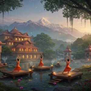 A serene panoramic view of a majestic Sivananda ashram nestled in lush Himalayan foothills, with snow-capped peaks in the background. The ashram's traditional Kerala-style architecture features warm golden lights emanating from its windows. In the foreground, a diverse group of three Indian yoga practitioners in orange and white attire perform synchronized sun salutations on wooden platforms surrounded by blooming lotus ponds. Soft morning mist swirls around the scene, illuminated by rays of dawn light. Sacred banyan trees with hanging roots frame the composition, adorned with subtle glowing mandalas. Multiple meditation pavilions with intricate Madhubani-style painted pillars dot the landscape. A gentle waterfall cascades nearby, creating a peaceful ambiance. The scene combines photorealistic architecture with ethereal lighting and mystical elements, rendered in a style blending traditional Indian art with modern digital aesthetics. The color palette features deep oranges, peaceful blues, and spiritual golds, with a soft, dreamy atmosphere enhanced by floating prayer flowers and delicate incense smoke trails.