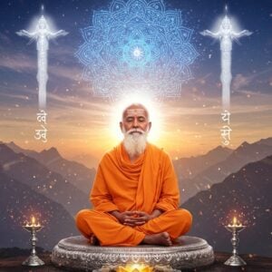 A serene portrait of Swami Sivananda Saraswati in his signature saffron robes, seated in Padmasana on a silver lotus platform, radiating a soft golden aura. His face shows divine peace with closed eyes and a gentle smile. Above him floats a large, intricate mandala in shades of electric blue and white, symbolizing spiritual energy. Four ethereal columns of pure white light rise from corners, representing the four aspects of Brahmacharya. The background features a misty Himalayan landscape at dawn with the sun rising between peaks. Sacred Sanskrit symbols float in the air, rendered in glowing gold. Modern digital art elements include particle effects and light rays merging with traditional Indian motifs. The color palette combines deep saffron, celestial blues, and metallic golds. Swami's form is detailed in hyperrealistic style while maintaining divine presence, showing his distinctive features - broad forehead, serene countenance, and flowing white beard. Small floating lotuses and subtle energy streams create a dynamic yet peaceful composition. The lighting is otherworldly, combining warm spiritual glow with cool mountain dawn light. Style: Modern digital art meets traditional Indian spiritual iconography, 8k resolution, photorealistic rendering with ethereal elements.