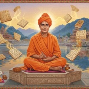 A serene portrait of Swami Sivananda Saraswati in his signature orange robes, seated in padmasana on a carved stone platform beside the sacred Ganges at Rishikesh. His face radiates divine wisdom with a gentle smile, surrounded by a subtle golden aura. Ancient palm leaf manuscripts and modern books float ethereally around him, their pages transforming into streams of golden light. In the background, the majestic Himalayas emerge through a mystical morning mist. The scene is illuminated by soft sunrise colors - peacock blues, saffron oranges, and spiritual purples. Intricate Madhubani-style borders frame the scene with yoga symbols, Om characters, and lotus motifs. Multiple translucent layers show him in various teaching poses - writing, meditating, and blessing disciples. The water reflects the entire scene like a mirror, creating a symmetrical mandala effect. The art style combines photorealistic details with ethereal Indian traditional art elements, ensuring a modern yet spiritual aesthetic. Volumetric god rays pierce through the scene, highlighting key elements. The overall composition should evoke feelings of divine wisdom, literary legacy, and spiritual enlightenment.