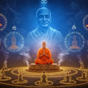 A serene Indian yogi in traditional orange robes sits in padmasana on a floating lotus platform, emanating a soft golden aura. Behind him, a large translucent portrait of Swami Sivananda appears in ethereal blue light. The scene features five concentric rings representing the five points of yoga (proper exercise, breathing, relaxation, diet, meditation) rendered in Madhubani-style patterns with modern gradient effects. Sacred geometry mandalas float in the background, with each containing miniature scenes of yoga practices. The environment blends modern and traditional elements with floating digital particles merging with Sanskrit symbols. The lighting is ethereal with soft blues and purples transitioning to warm golden hues. The foreground shows stylized representations of the 12 basic asanas in a circular formation, illustrated in a minimalist golden line art style. Smoke-like tendrils of energy connect all elements, creating a harmonious flow. The scene incorporates contemporary wellness symbols seamlessly with ancient yogic elements, rendered in a high-end digital art style with photorealistic details and subtle sacred geometry patterns throughout.