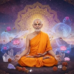 A serene Indian yogi in saffron robes seated in padmasana on a lotus platform, radiating inner peace against a cosmic backdrop featuring intricate golden mandalas. His eyes are gently closed in deep meditation, with a subtle golden aura surrounding him. The scene incorporates flowing ethereal energy patterns in soft pastel blues and purples, with floating lotus flowers and sacred geometry patterns. Multiple transparent layers show the same figure in different meditation poses, creating a teaching effect. The background features a subtle Himalayas silhouette with morning sun rays. Traditional Madhubani-style peacock motifs and swirling patterns in deep maroon and peacock blue frame the corners. Crystals and sacred rudraksha beads float weightlessly around the figure. The lighting is soft and mystical, with glowing orbs of light representing consciousness. The overall composition should be digital art with photorealistic details, maintaining a perfect balance between traditional Indian spiritual art and modern aesthetic sensibilities. The yogi's face should reflect profound peace and wisdom, with a slight smile.