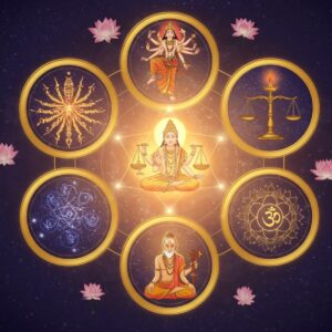 A mystical circular mandala composition featuring six distinct interconnected golden rings, each containing symbolic representations of the Astika schools. The central ring radiates divine light in soft saffron and pearl white. In the Samkhya ring, Purusha and Prakriti depicted as cosmic dancers in contrasting light and shadow. The Yoga ring shows a meditating sage in lotus position surrounded by seven chakra symbols in vibrant colors. The Nyaya ring features a golden scale of justice with a peacock feather and flame representing logic and knowledge. The Vaisheshika ring contains swirling atomic particles and five elements in sacred geometric patterns. The Purva Mimamsa ring shows vedic fire rituals with rising smoke forming celestial patterns. The Uttara Mimamsa (Vedanta) ring depicts the cosmic Om symbol merging with Brahman represented as infinite light. The entire composition floats in an ethereal space with soft-focused Madhubani-style patterns in deep indigo and gold in the background. Small lotus flowers and spiritual symbols float around the rings. The art style combines traditional Indian motifs with modern digital art techniques, creating a serene yet contemporary aesthetic. Lighting emphasizes the sacred geometry with subtle glows and highlights.